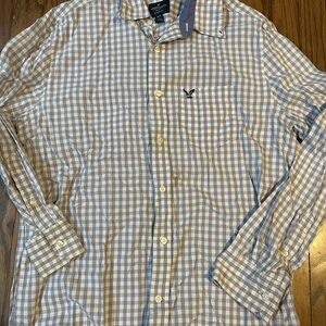 American Eagle Outfitters Men's Light Gray & White Check Button-Down Shirt